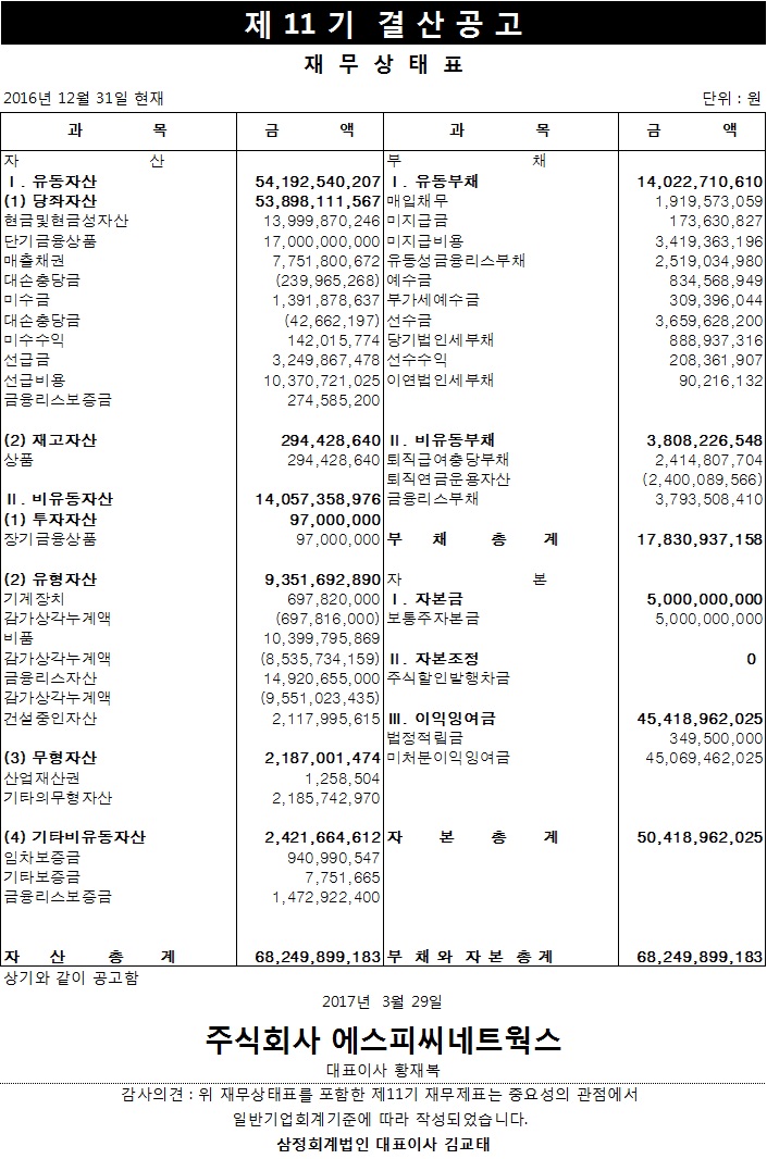 제 11기 결산공고 재무상태표 이미지